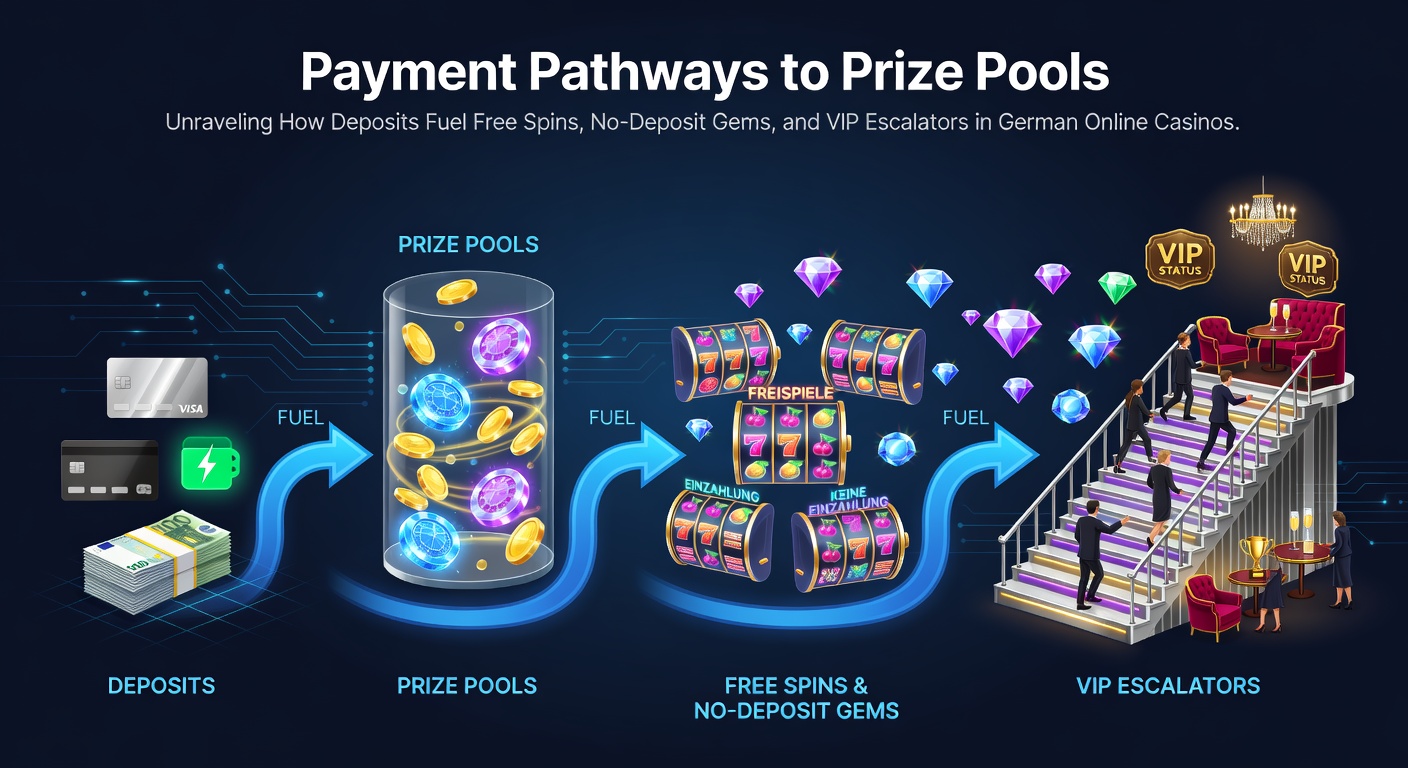 Grafik zeigt Zahlungsflüsse von Einzahlungen zu Casino-Belohnungen wie Free Spins und VIP-Stufen in deutschen Online-Plattformen