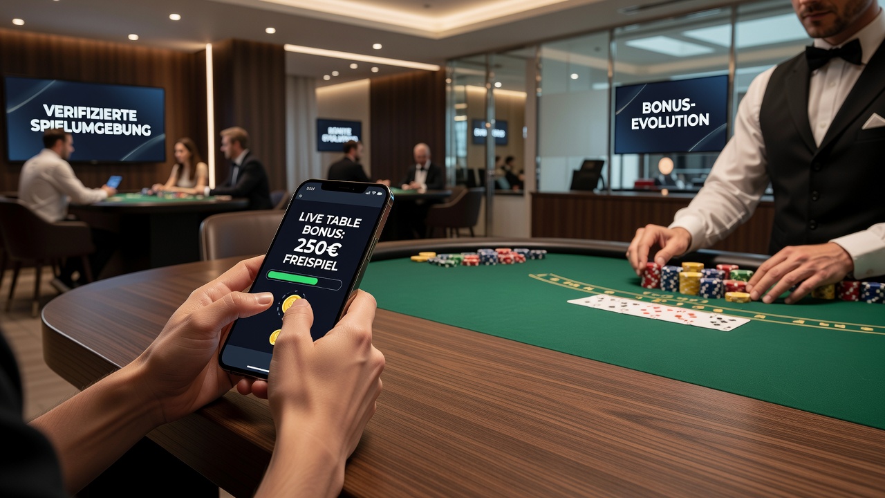 Mobile Benutzeroberflächen mit Live-Tisch-Spielen und Bonus-Anzeigen auf einem Smartphone in einem deutschen Online-Casino-Setting
